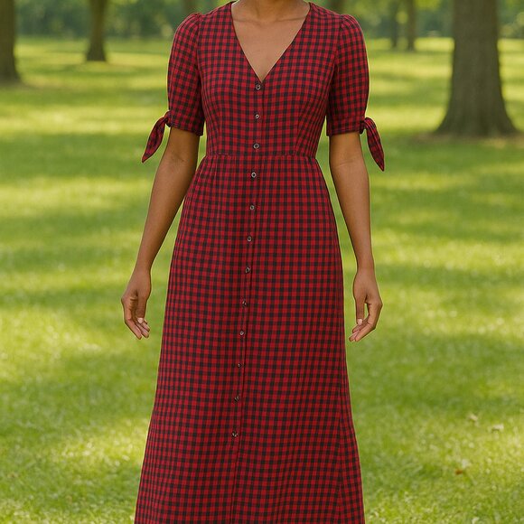 Entro Gingham Red/Blue Dress Checkered Ruffle Maxi Women's Size Small Buttons - Picture 1 of 8